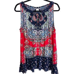 Bila Boho Paisley Sleeveless Top Size Large Red Blue Ruffle Tassel Necktie